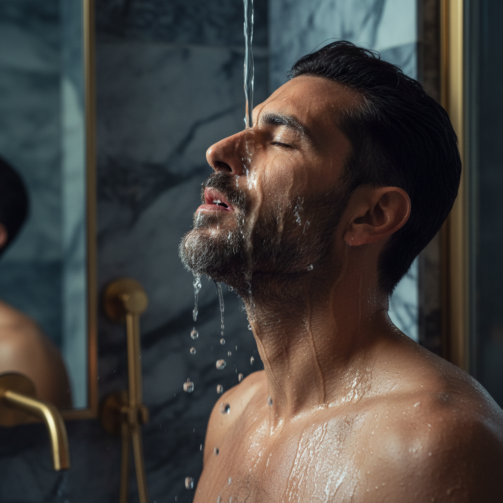 Man drying face after using ethical skincare products