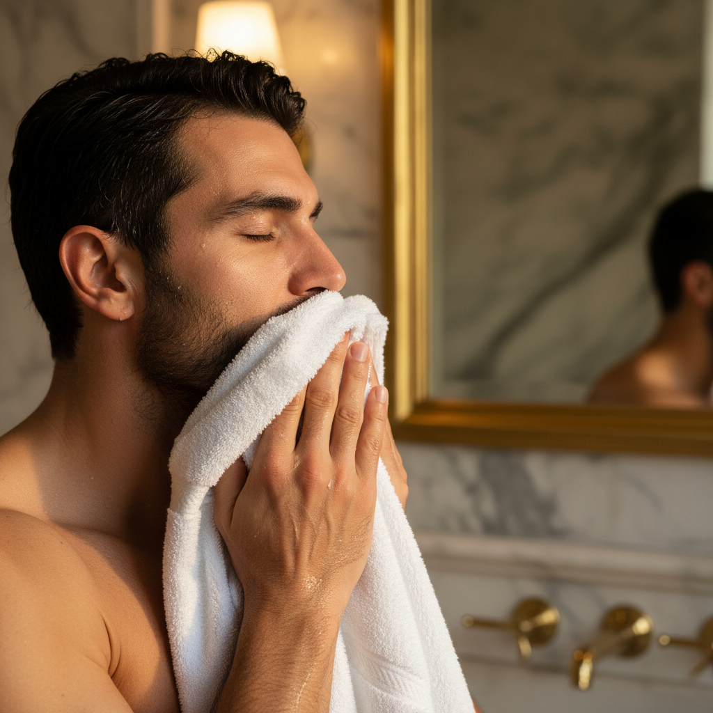 Man drying face after using ethical skincare products