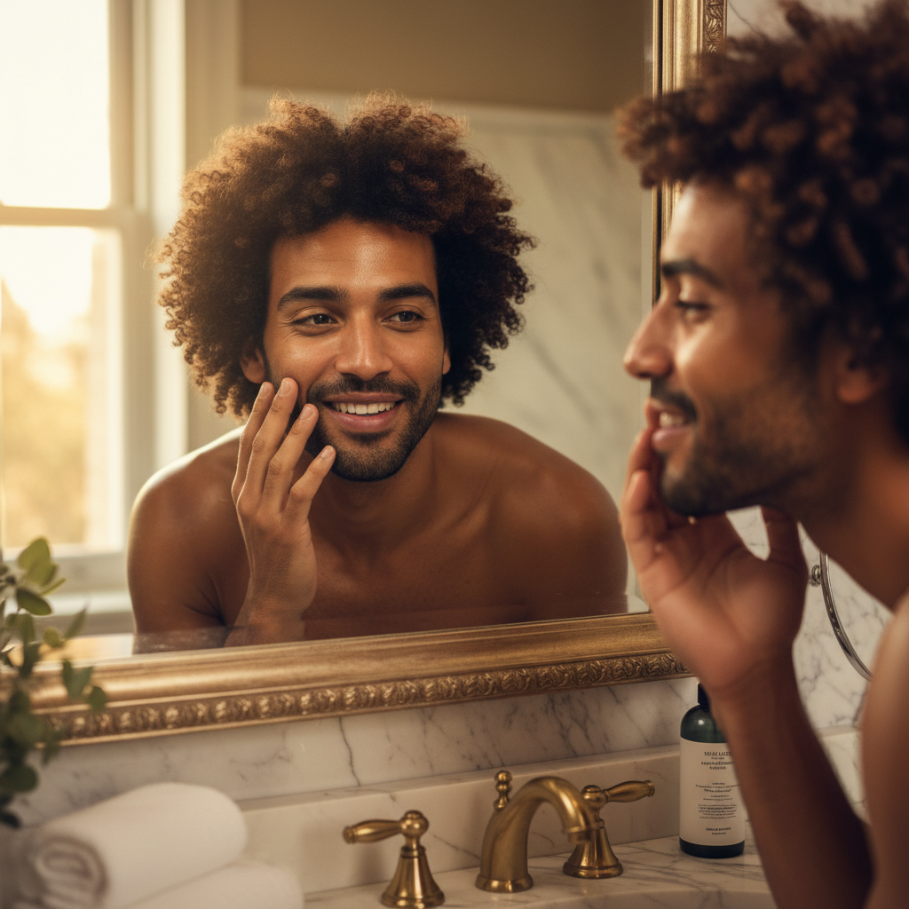 Man at mirror using natural grooming products