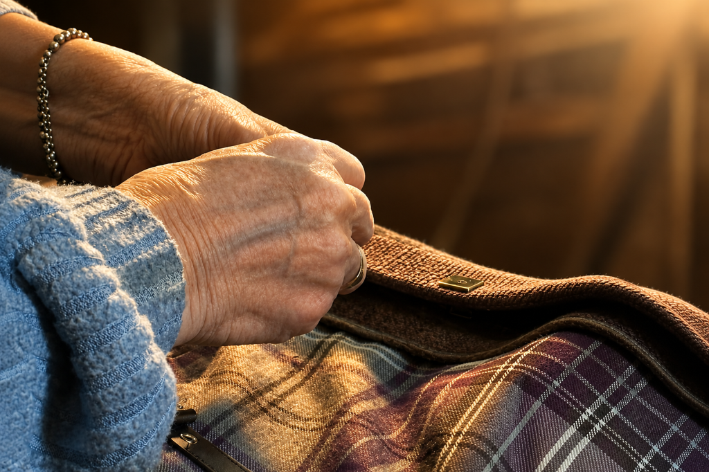 Hands stitching a handmade bag in the workshop