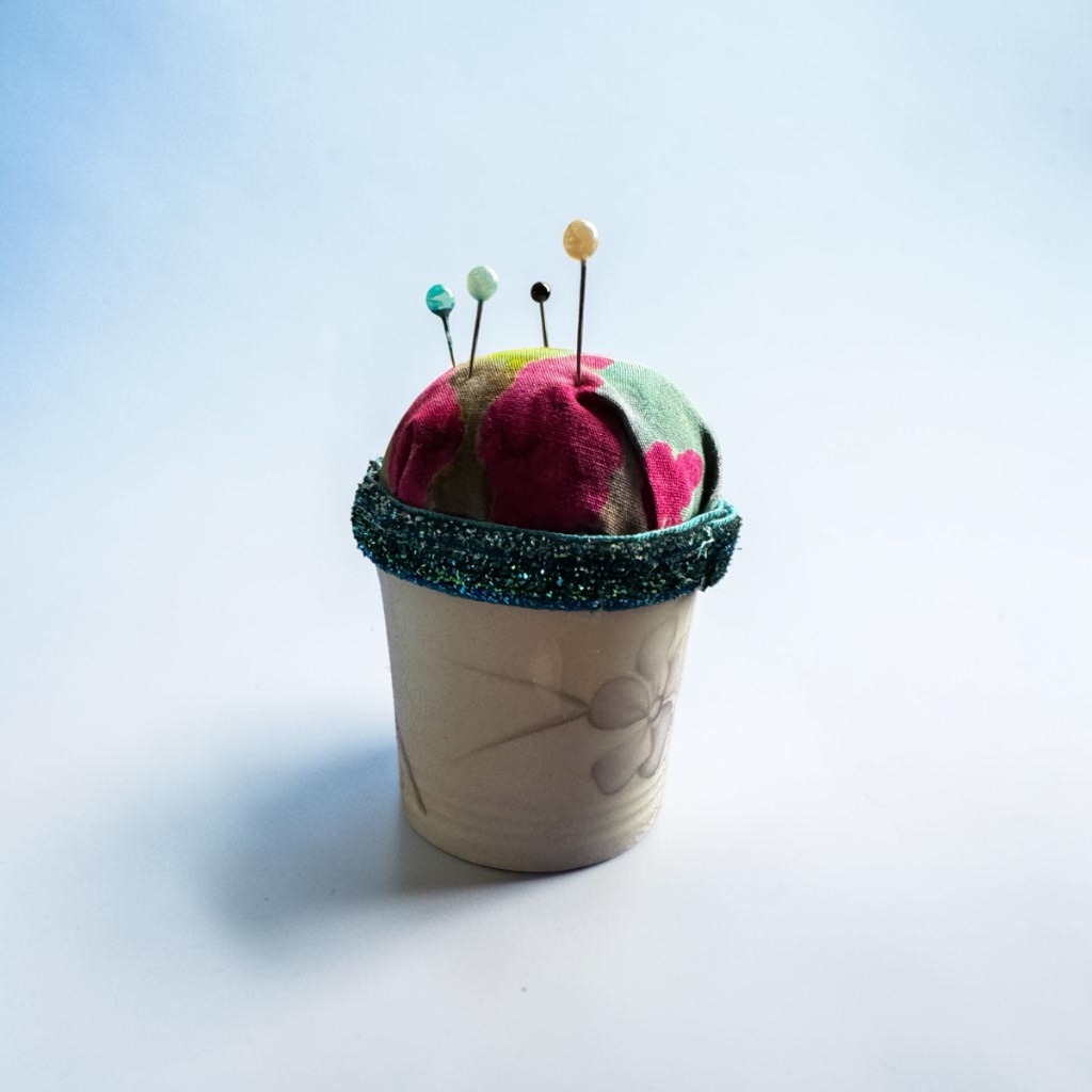 Teal Trim Floral Pin Cushion