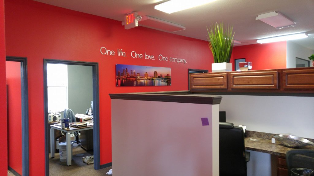 Commercial office interior — red accent wall