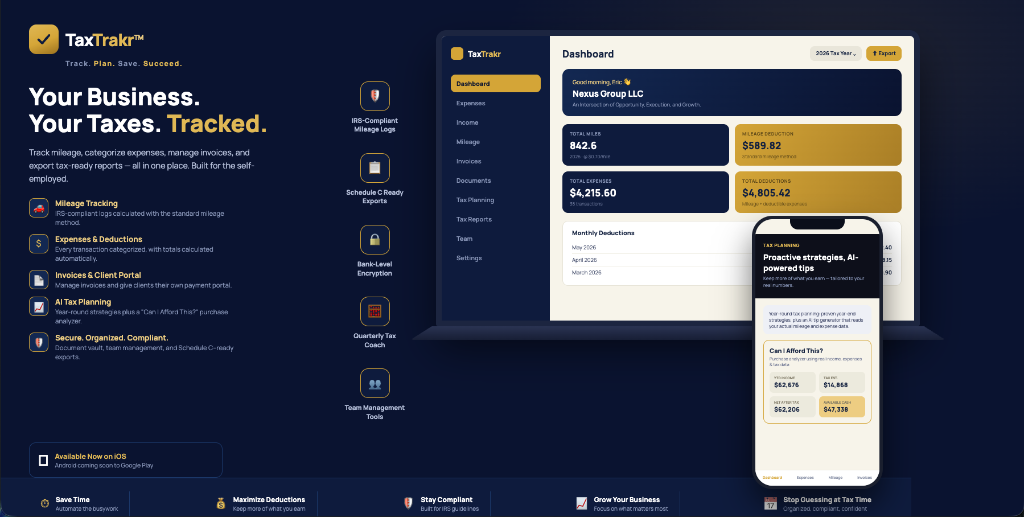 TaxTrakr dashboard on desktop and mobile — showing profit metrics, expense categories, mileage tracking, and tax planning tools
