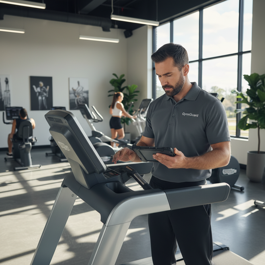 GymGuard staff member inspecting fitness equipment with a tablet