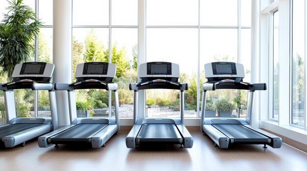 Row of treadmills in commercial gym