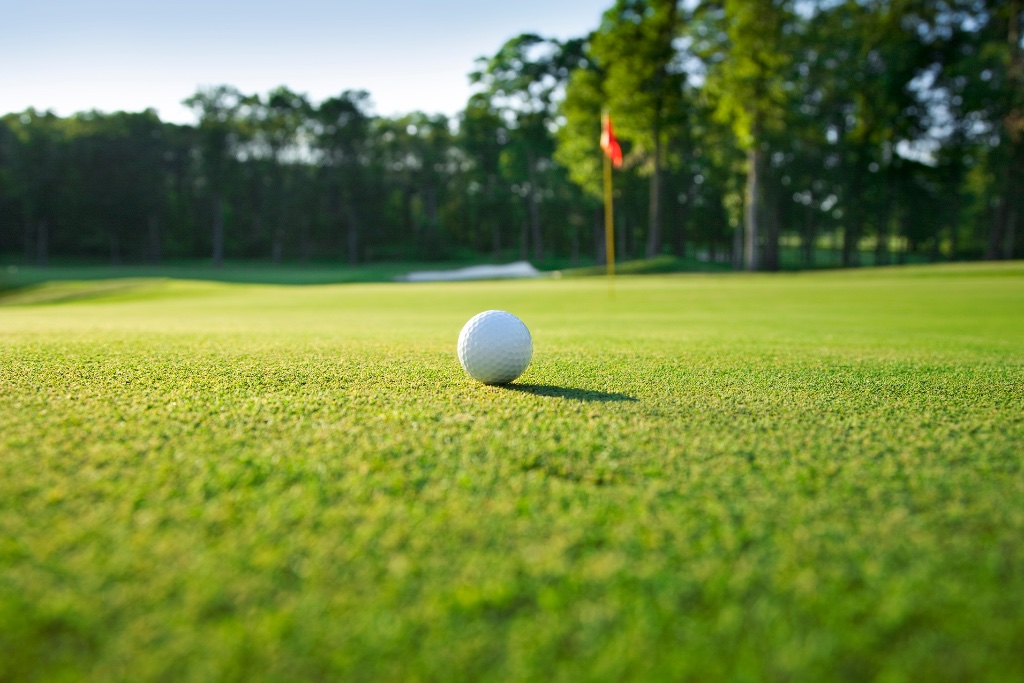 Beautiful golf course landscape with cart path through trees