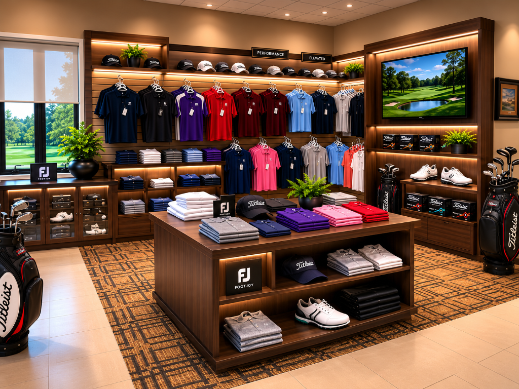 Elegant golf pro shop with premium attire displays