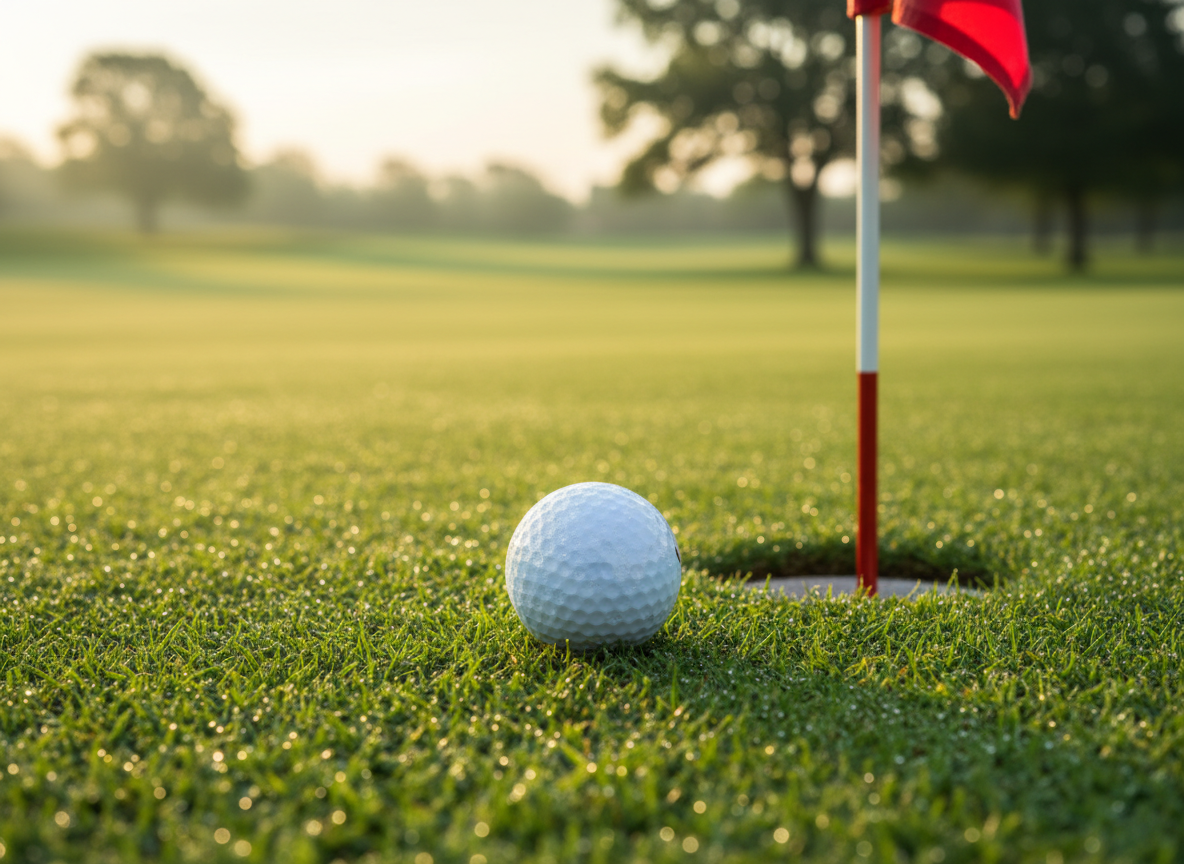 Golf ball on pristine green near the hole