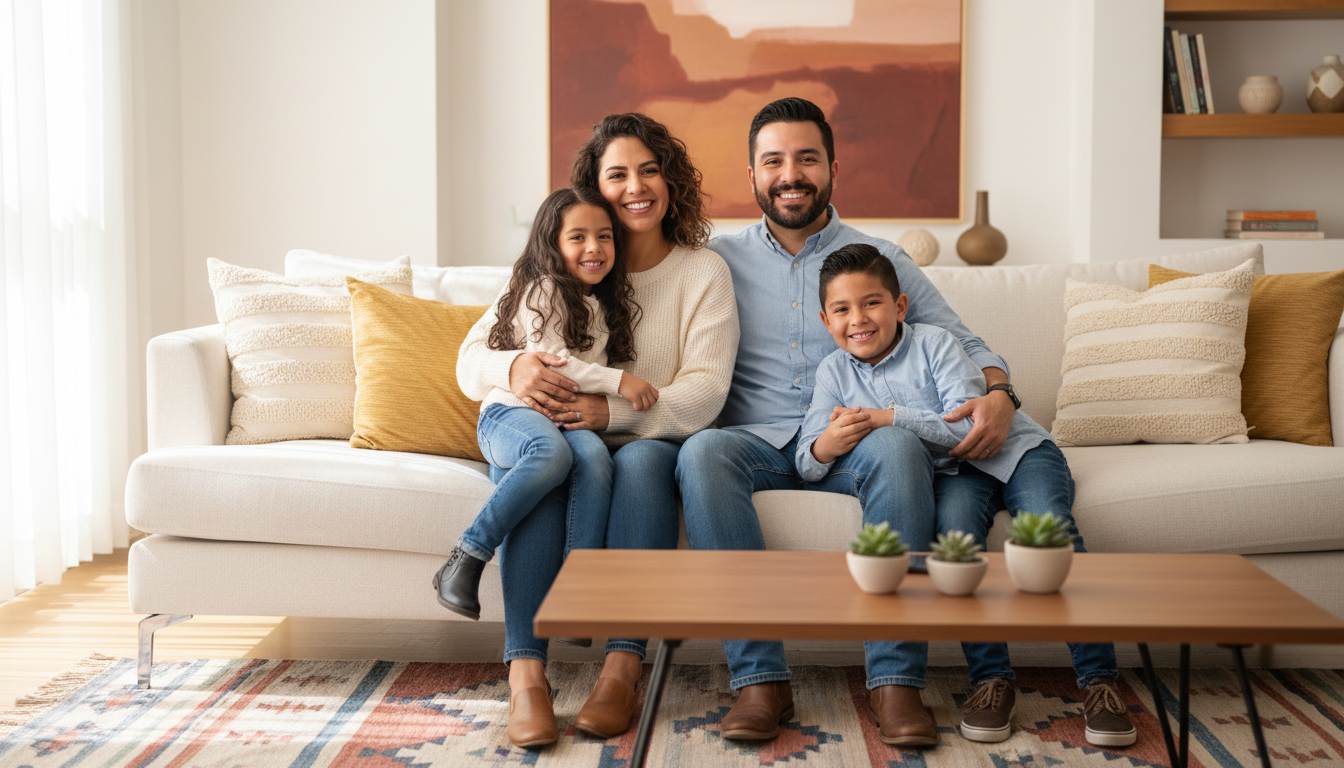 Familia feliz protegida con seguros