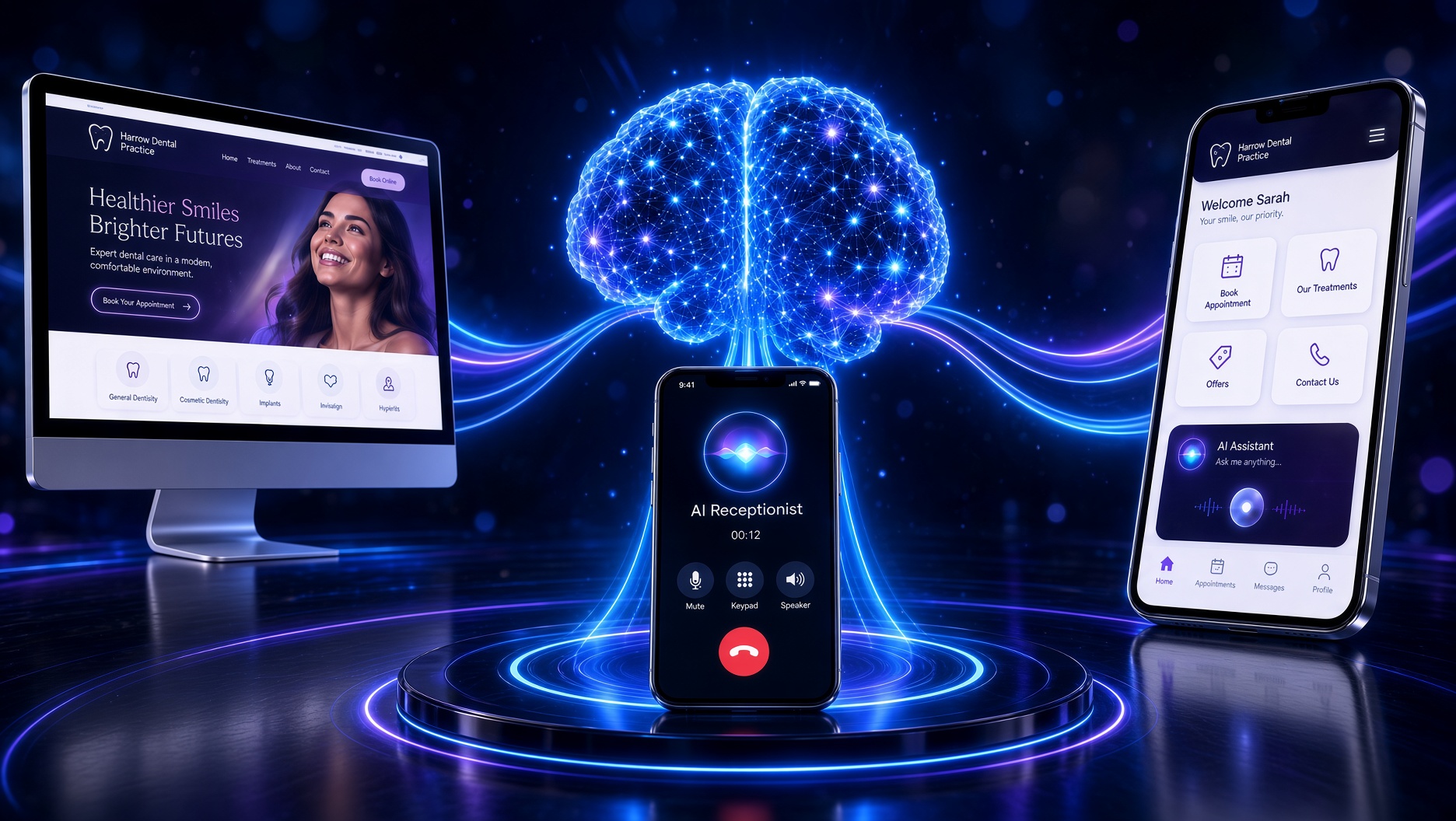 Rewara AI ecosystem — receptionist, website and app connected by one AI core
