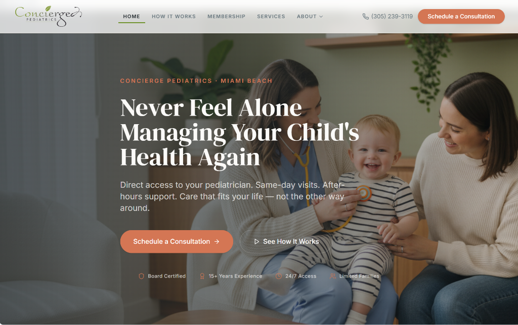 Concierge Pediatrics homepage design