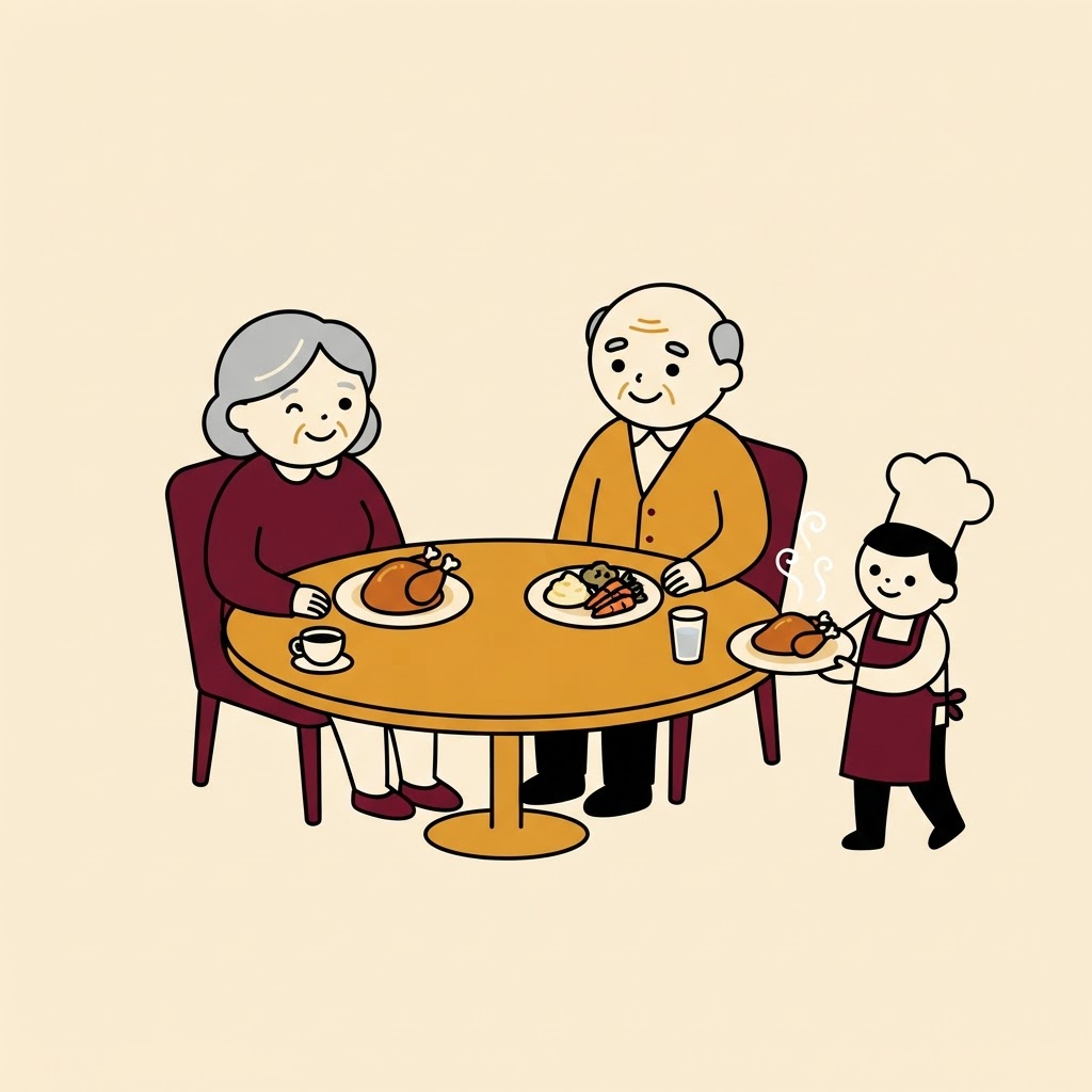 Illustration of seniors dining together in a cozy community dining room