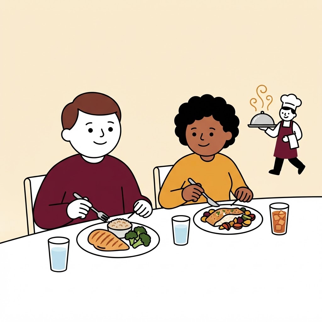 Illustration of a recovery program dining hall with residents and plated meals