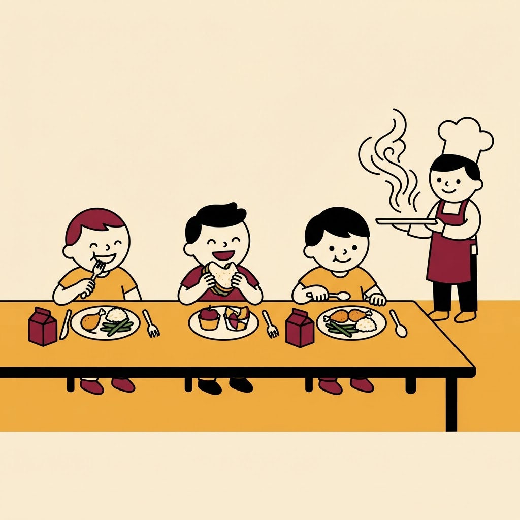 Illustration of after-school kids eating hot meals with a server
