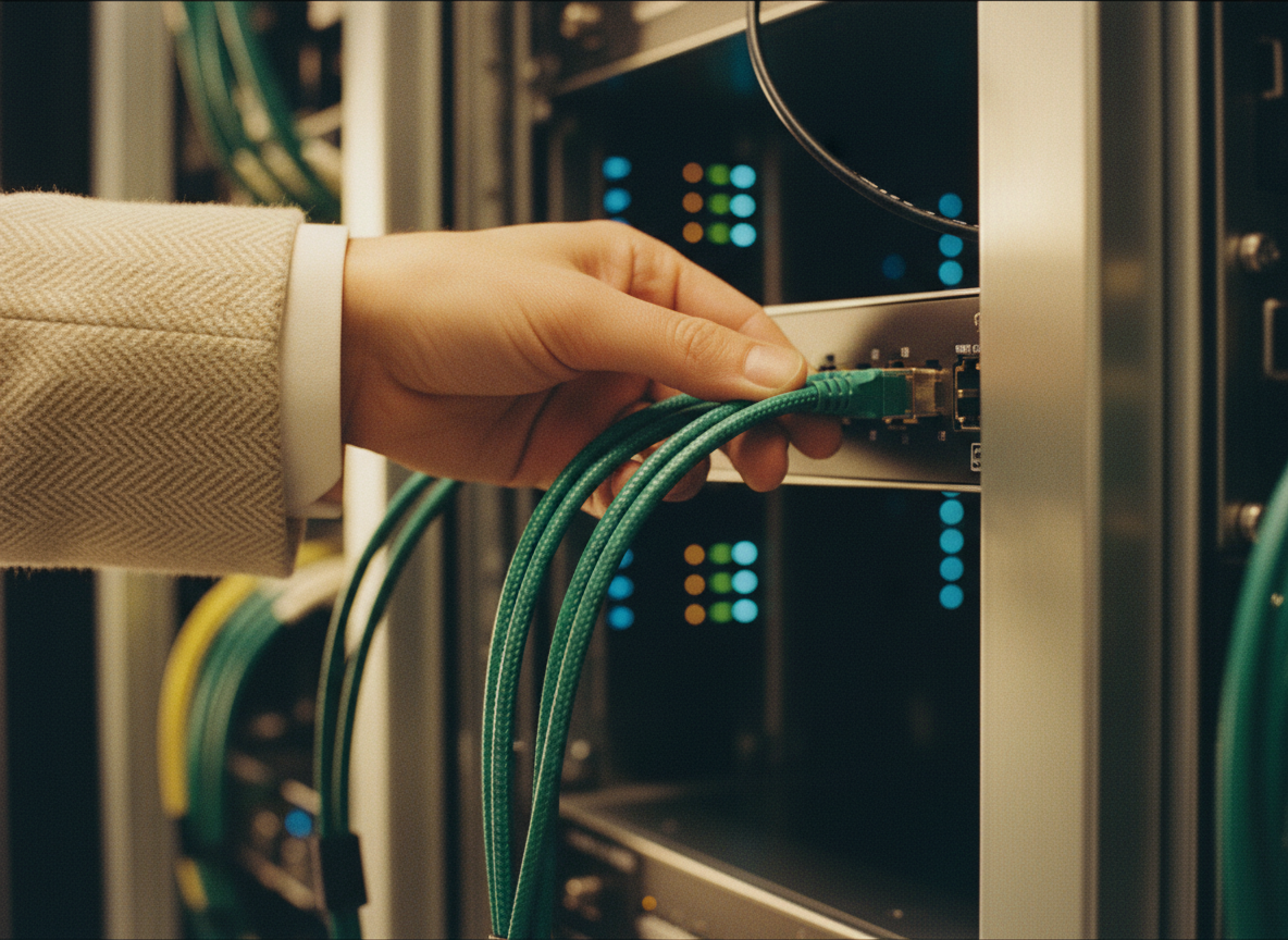 Hands precisely adjusting server infrastructure cables, representing tailored IT strategy