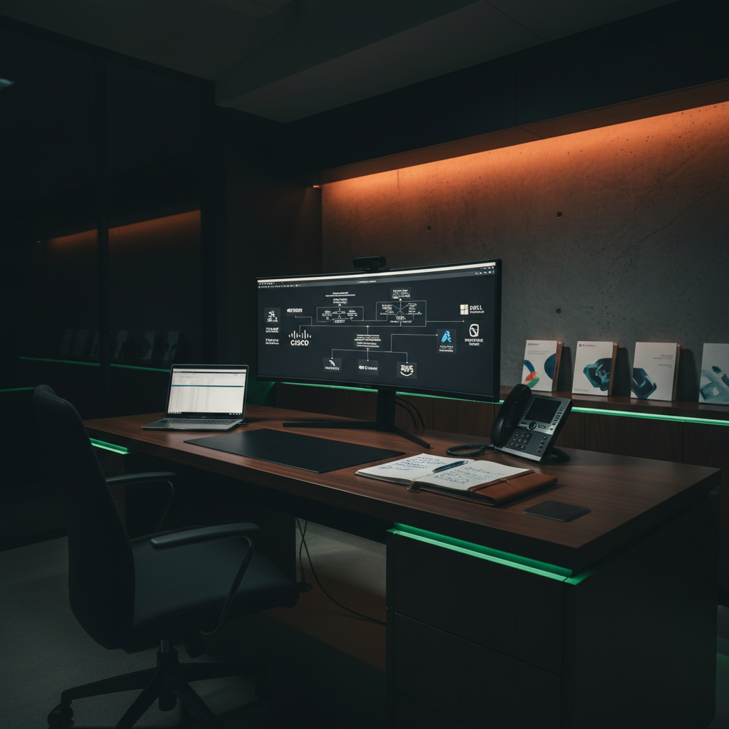 Minimalist workspace with modern networking hardware on a walnut desk, golden hour light