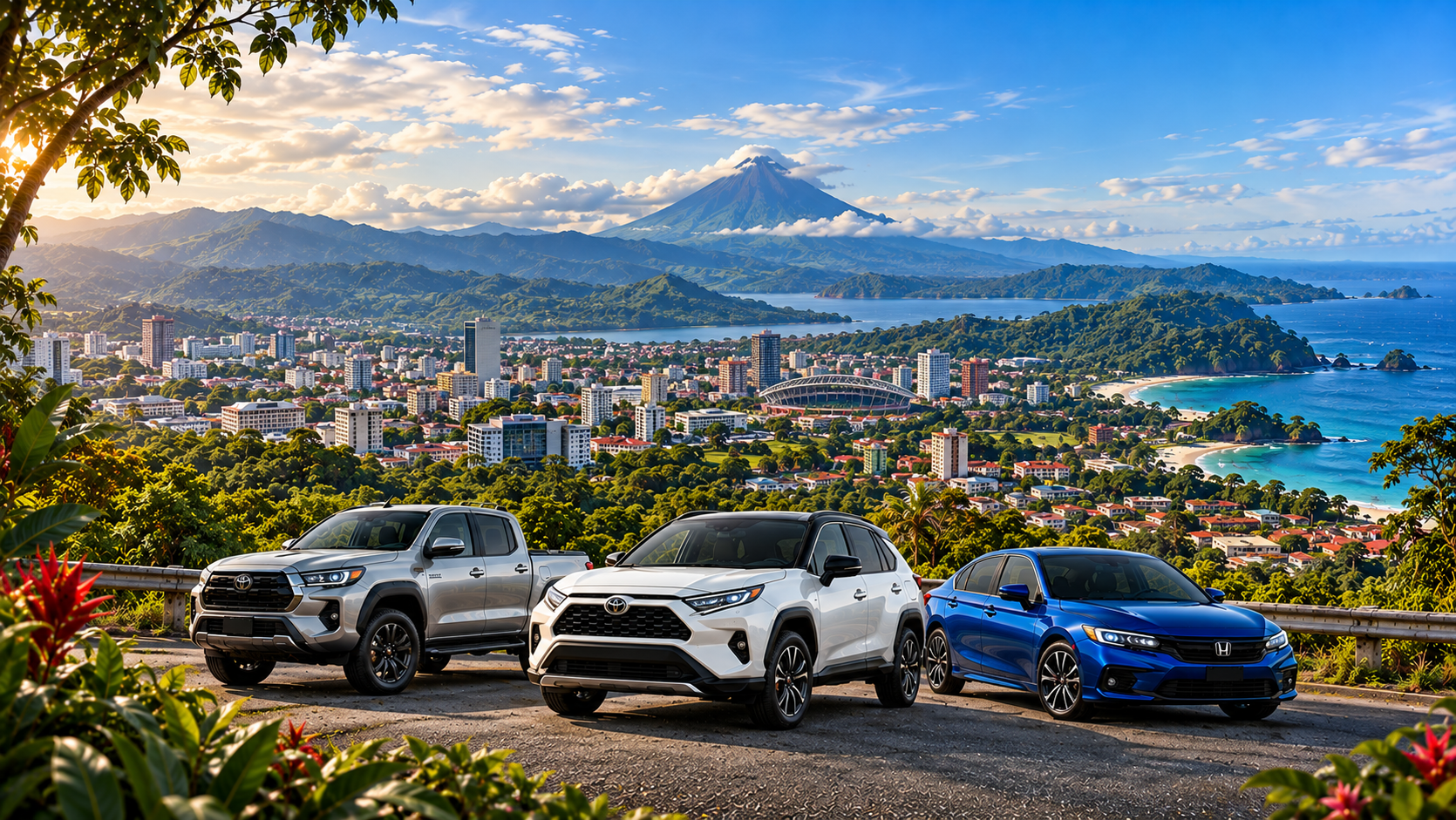 Panorámica de Costa Rica con carros y el volcán al fondo