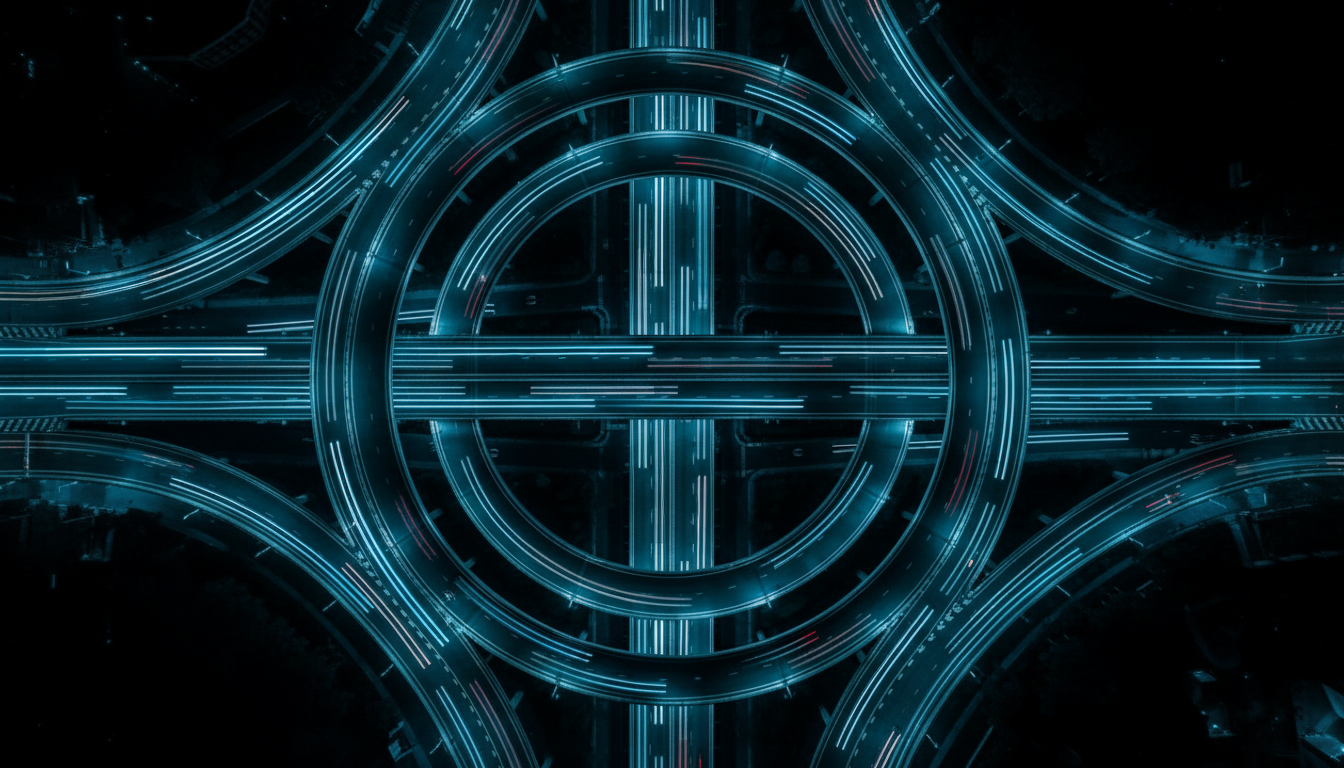 Urban highway interchange at night with light trails