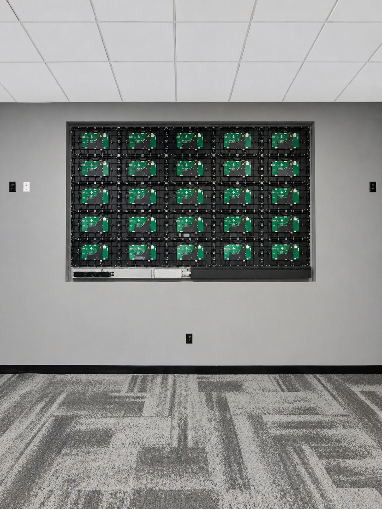 dvLED LED cabinet module assembly — back view showing circuit boards during installation