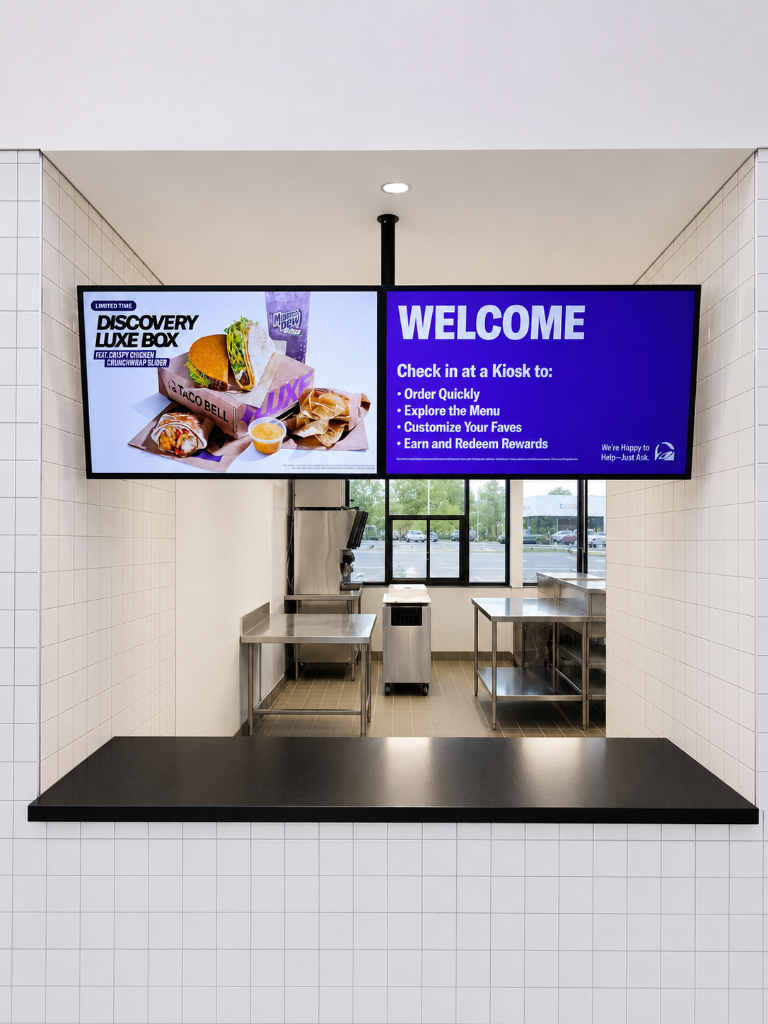 Taco Bell kiosk welcome screen showing Discovery Luxe Box promotion and digital ordering instructions in Lindenhurst location