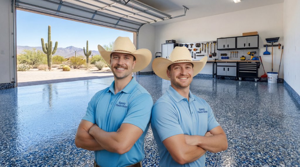 Epoxy Floors Guys team in garage with epoxy floor and Arizona view