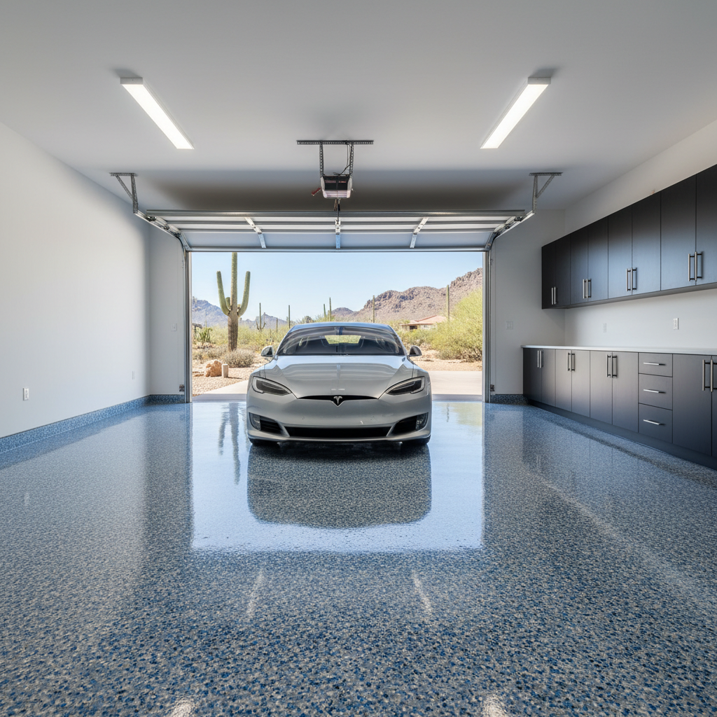Finished epoxy garage floor in Scottsdale Arizona with car