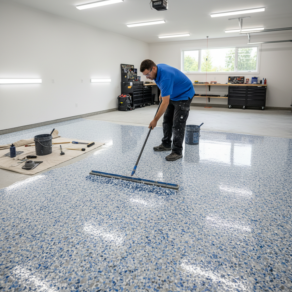 Worker in blue applying epoxy flaked floor to 2-car garage