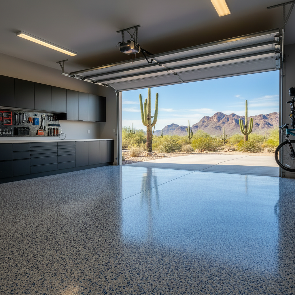 Flake epoxy garage with Phoenix background