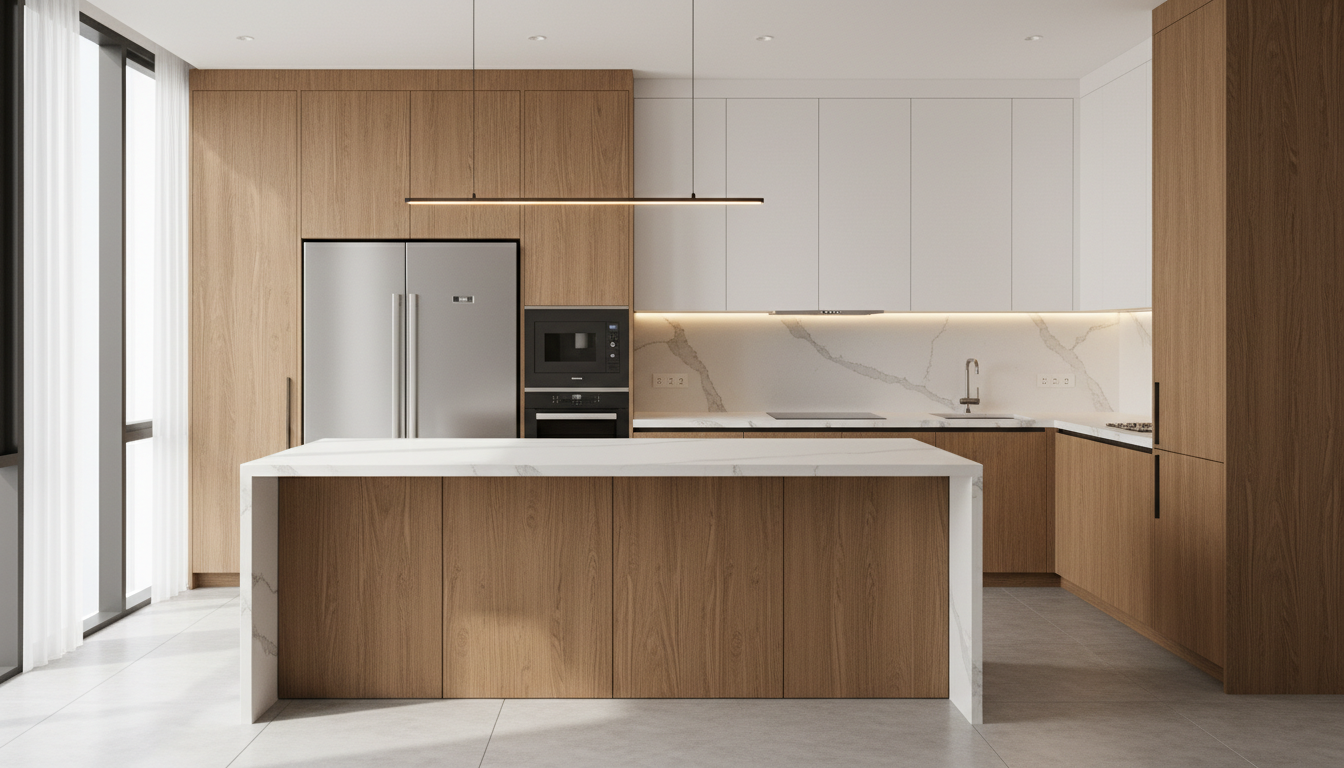 Interior mewah kondominium dengan kabinet dapur terbina