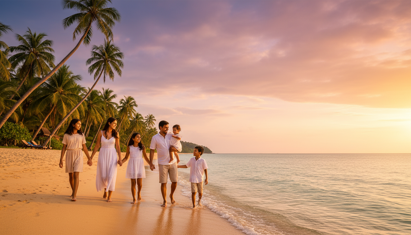 Happy family on a tropical beach