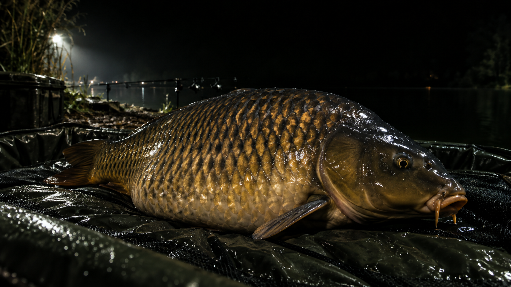 Tournament paylake carp fishing — 30lb catch on the mat at night