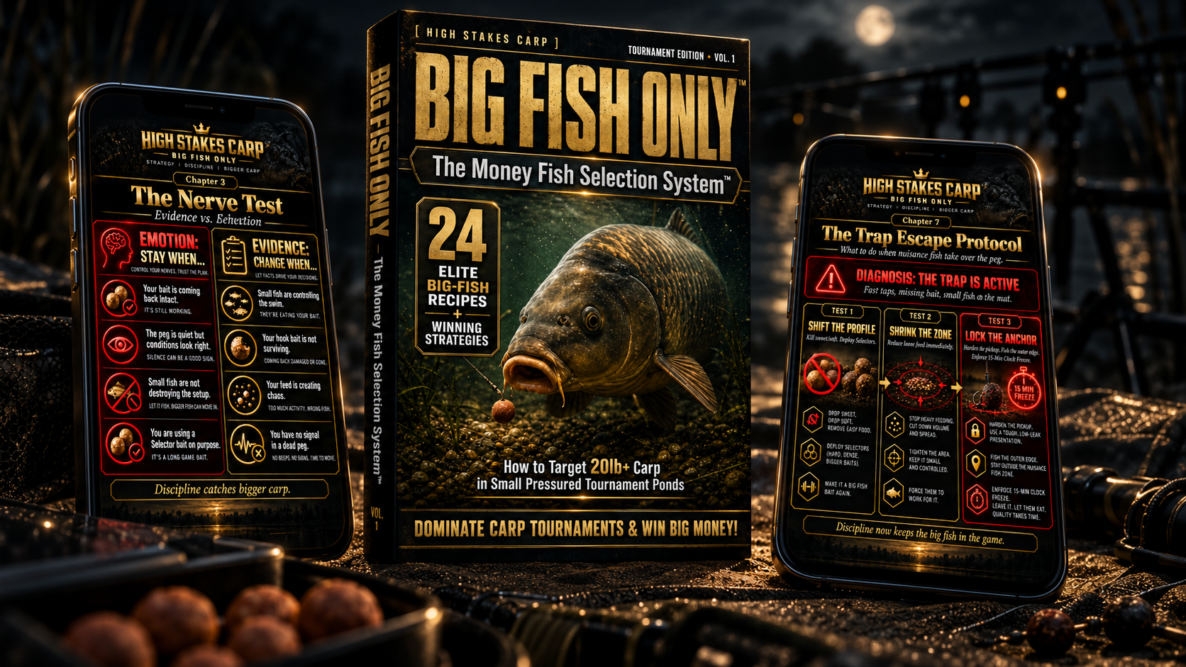 Big Fish Only tournament carp bait system ebook shown on phone and cover