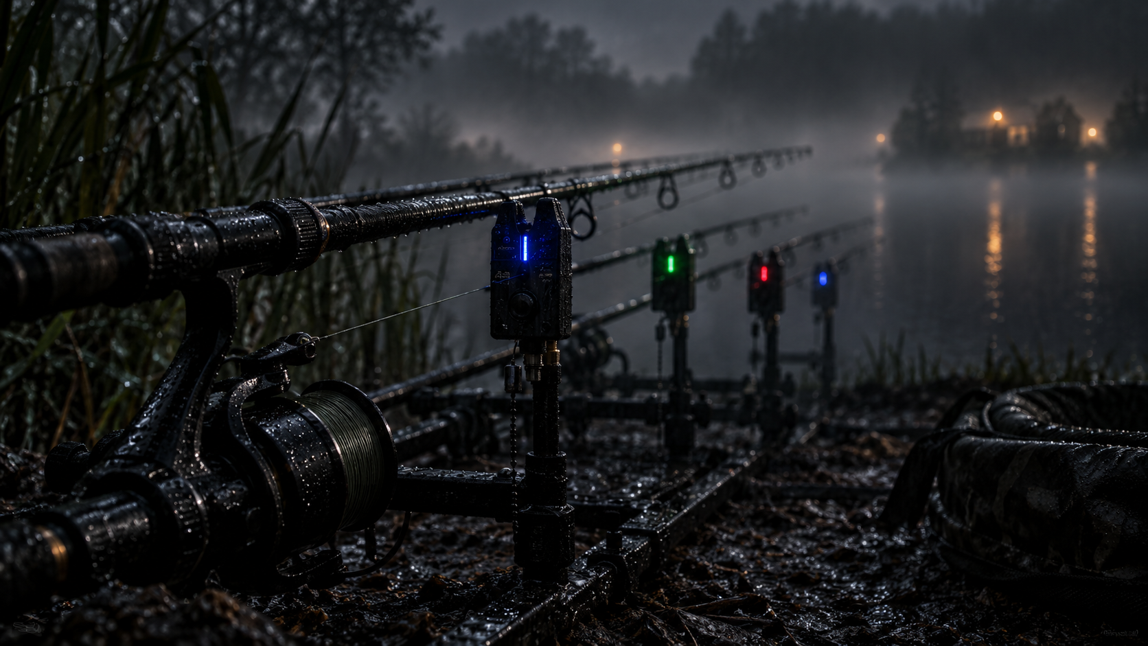 Night carp fishing rod pod tournament setup with lit bite alarms