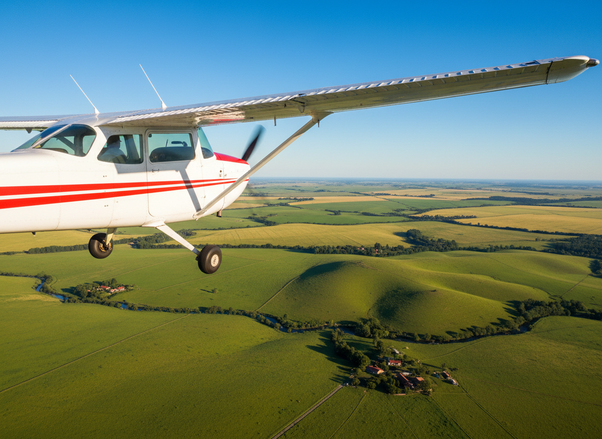 Training aircraft flying over Argentine landscape