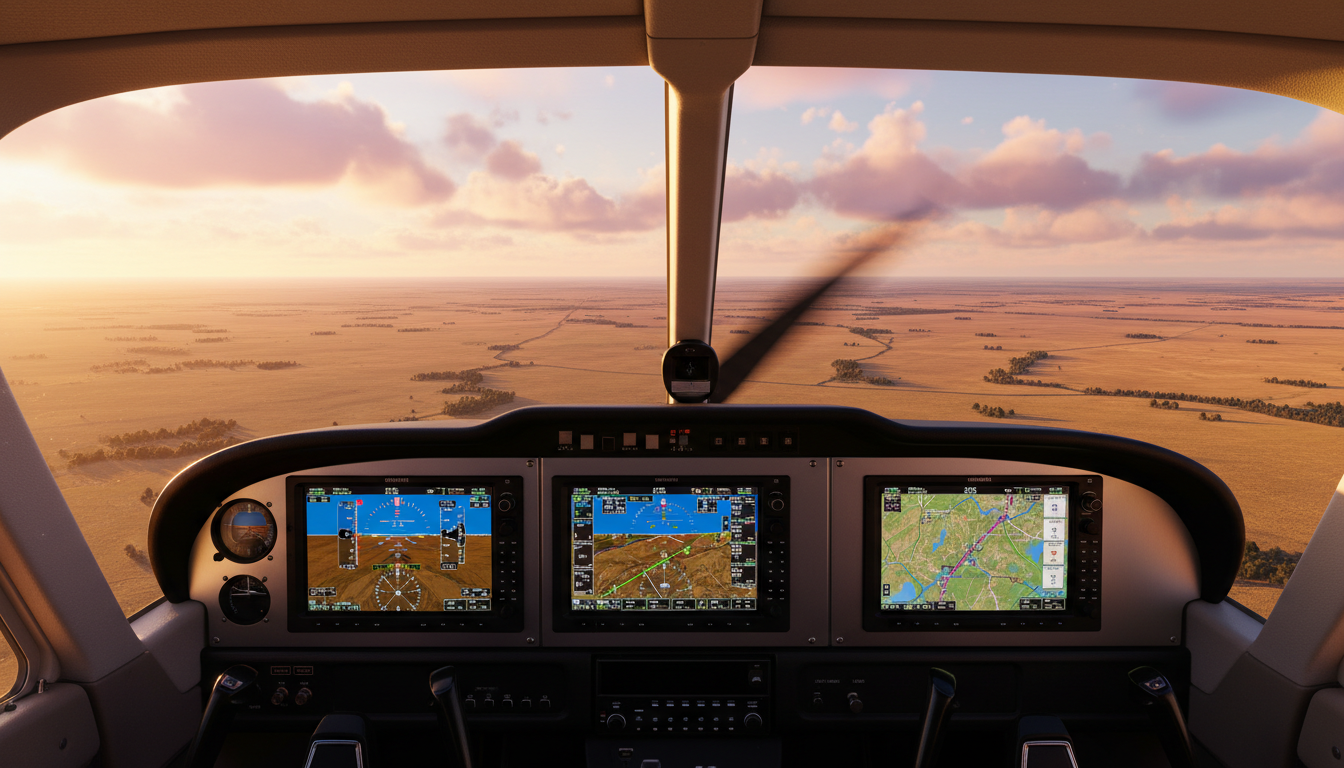 Modern aircraft cockpit overlooking Argentine landscape