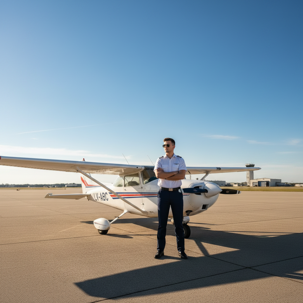 Confident pilot standing next to training aircraft