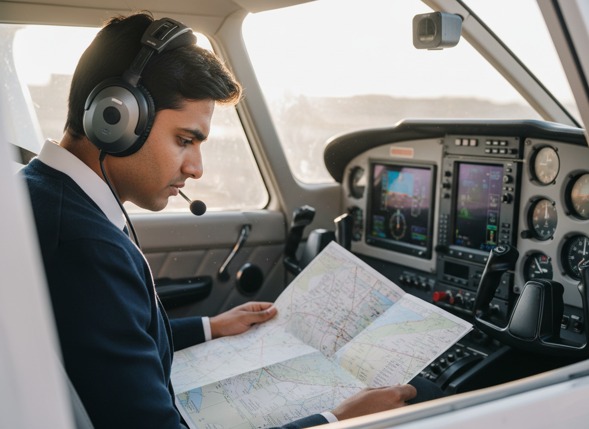 Indian student pilot studying navigation in cockpit