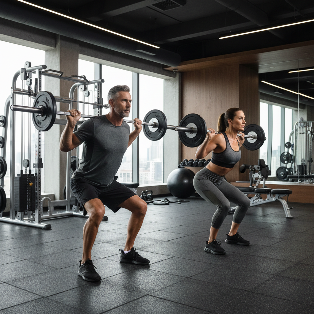Mature athletes performing controlled strength training together in premium gym