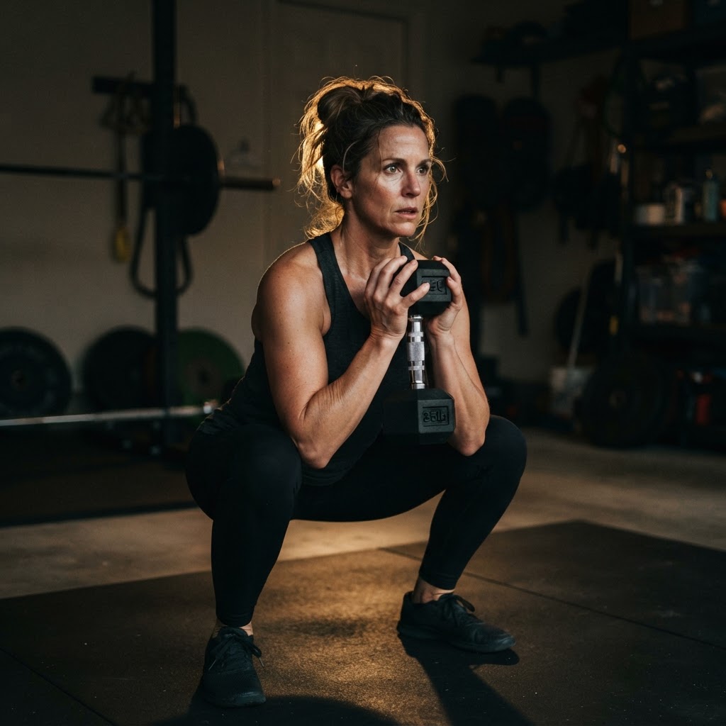 A woman in her late 40s performing a goblet squat with a dumbbell in a home garage gym