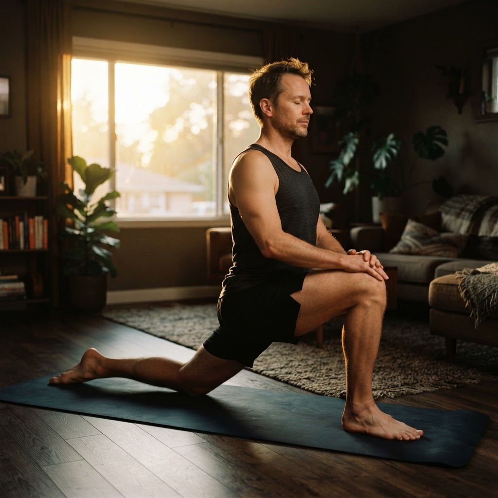 A man in his 40s doing a hip stretch on a mat in a living room at sunrise