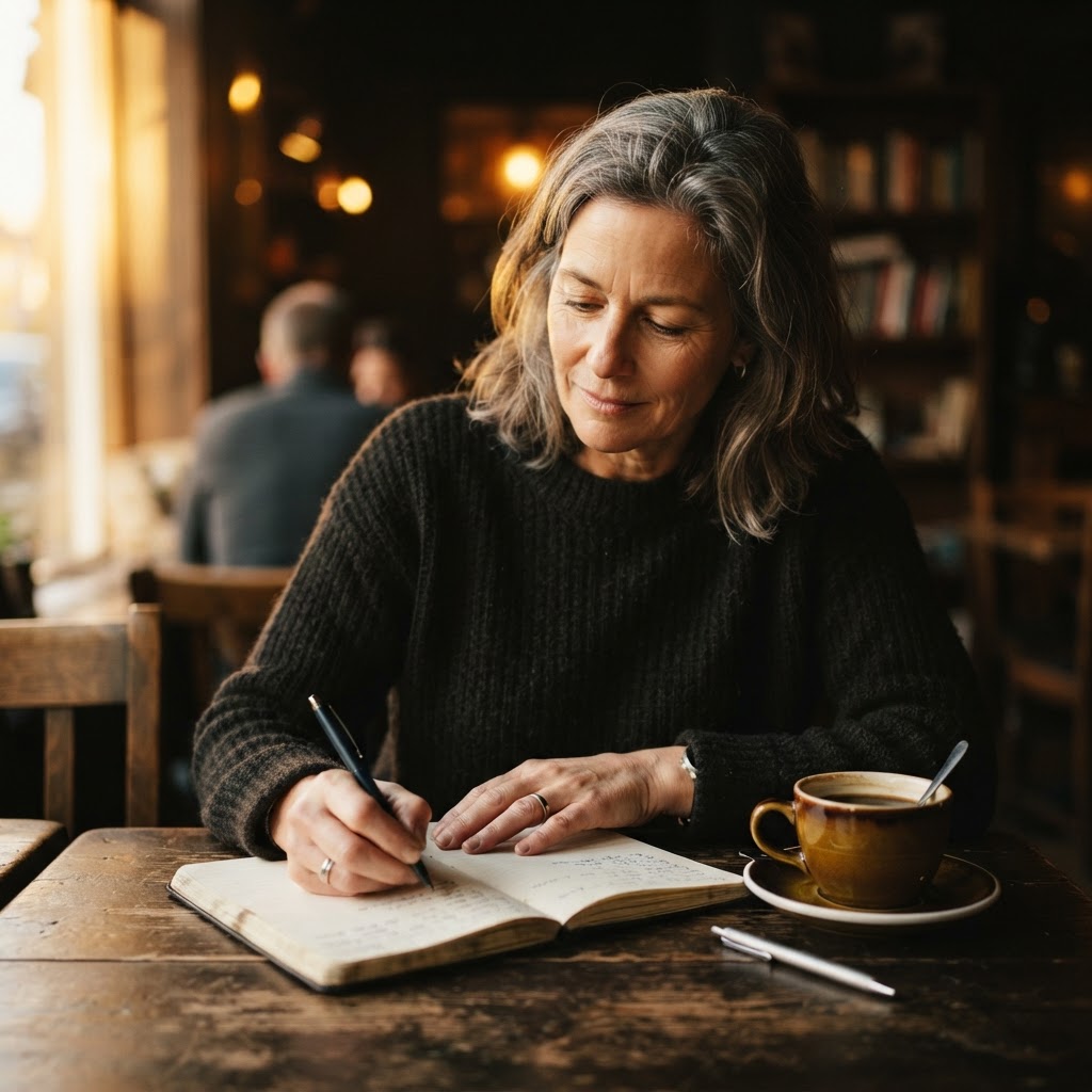 A woman in her 50s writing in a notebook with a coffee in calm morning light