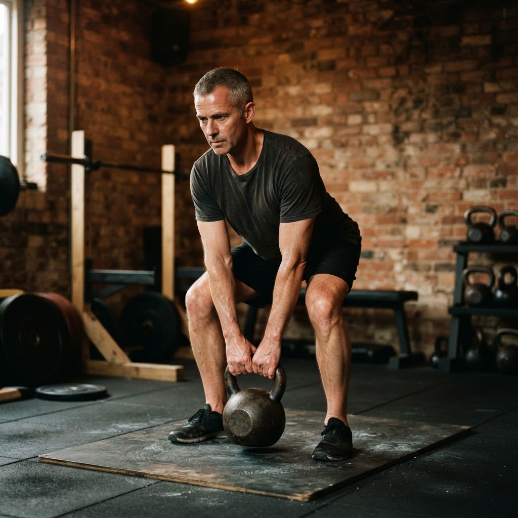 A man in his late 40s performing a kettlebell deadlift in a private studio with brick walls and warm light