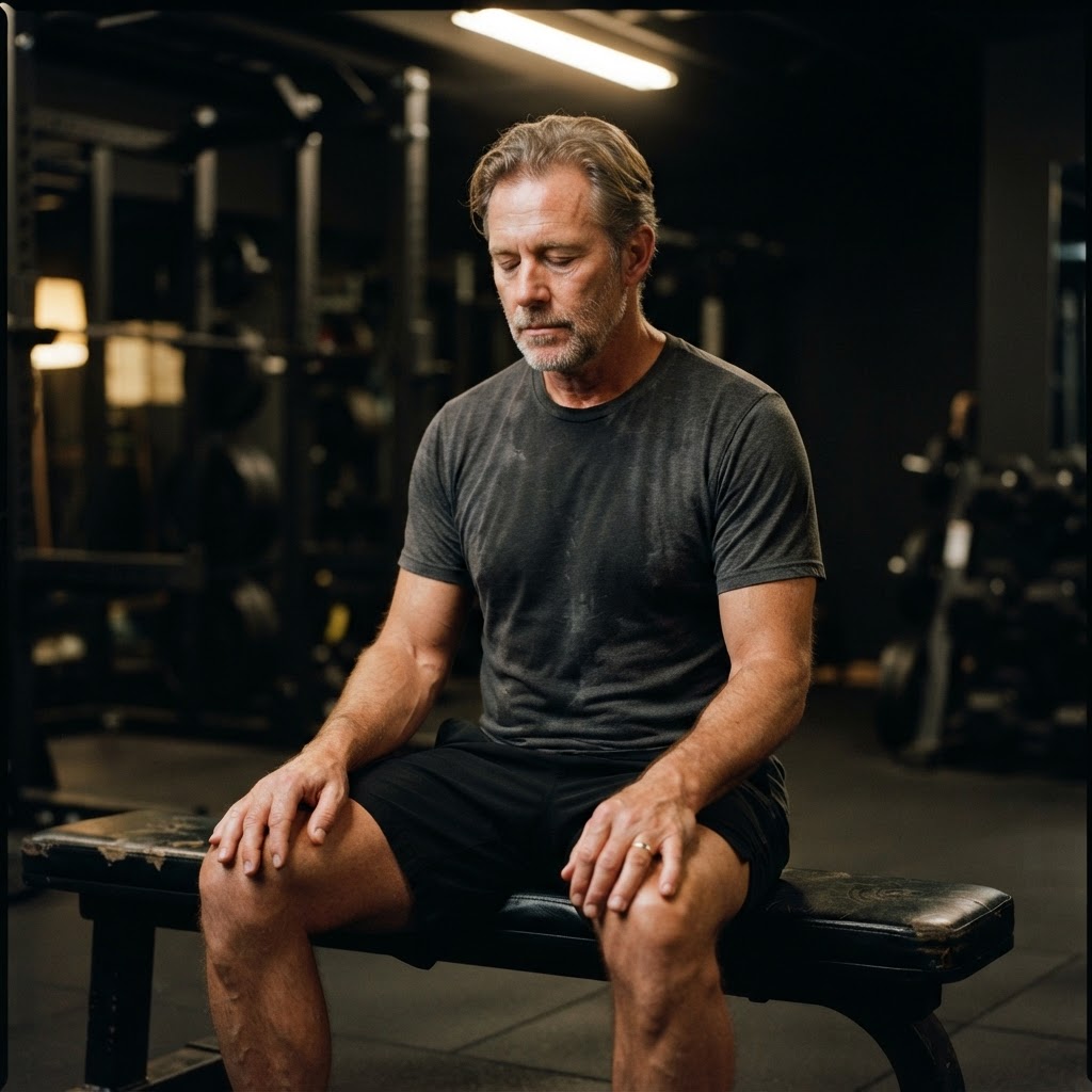 A man in his early 50s sitting on a gym bench between sets, eyes closed, breathing calmly in a moody private studio