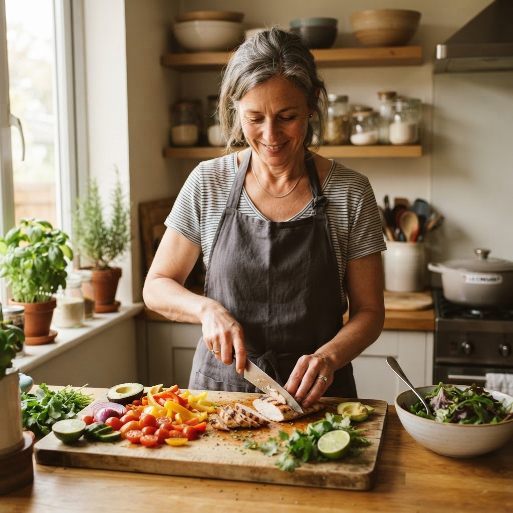 A woman in her late 40s preparing a colourful high-protein lunch in a bright kitchen