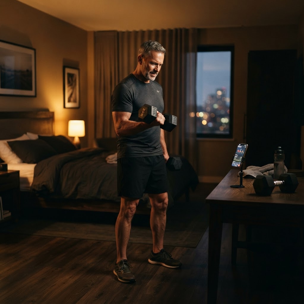 A man in his 50s training with dumbbells in a hotel room with a phone propped up showing a workout