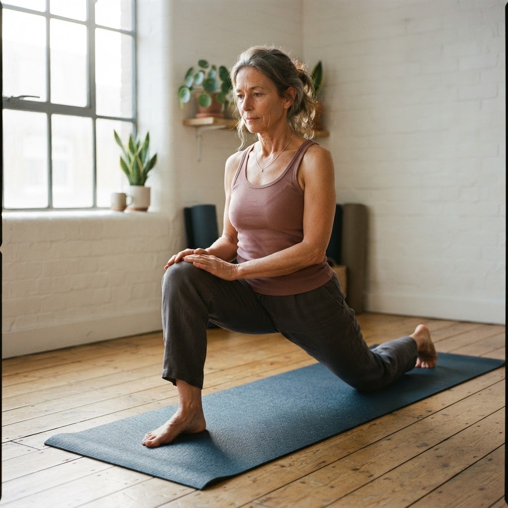 A woman in her 50s doing a deep lunge stretch on a mat in a small studio with morning light