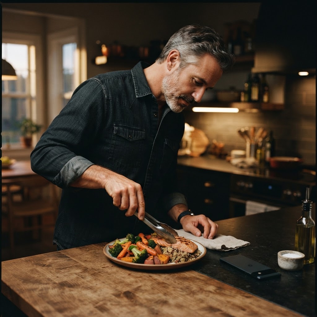 A man in his 50s plating a balanced meal in a kitchen with a phone on the counter