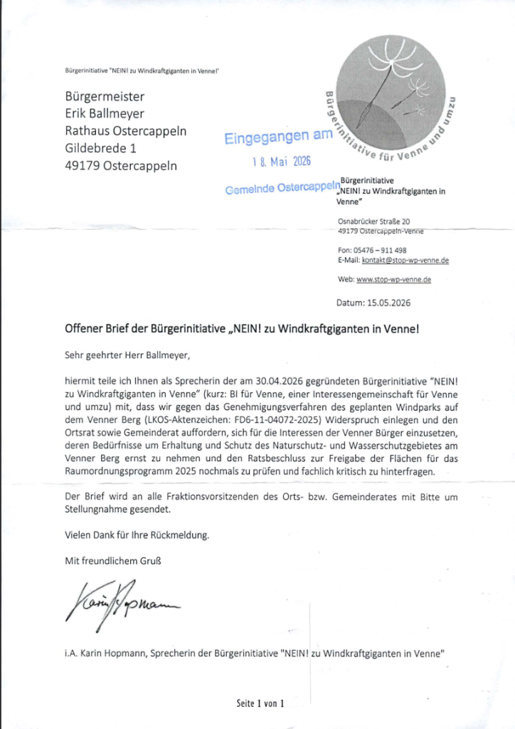 Offener Brief der Bürgerinitiative an Bürgermeister Erik Ballmeyer