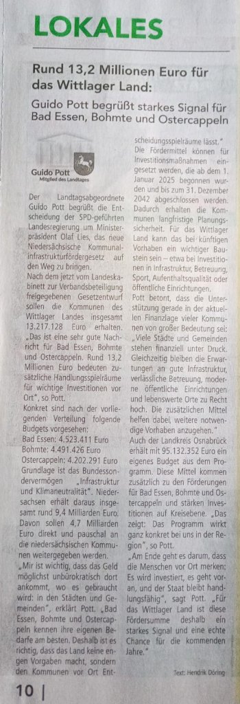 Rund 13,2 Millionen Euro für das Wittlager Land