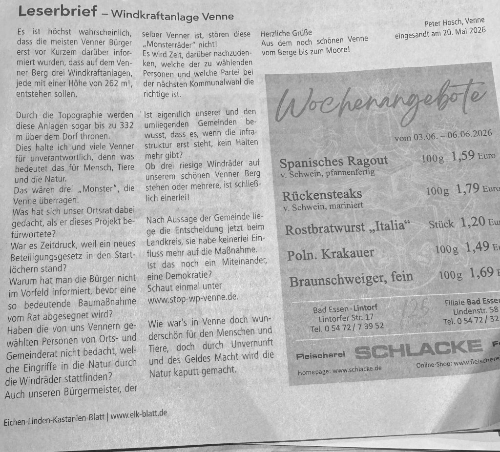 Leserbrief – Windkraftanlage Venne